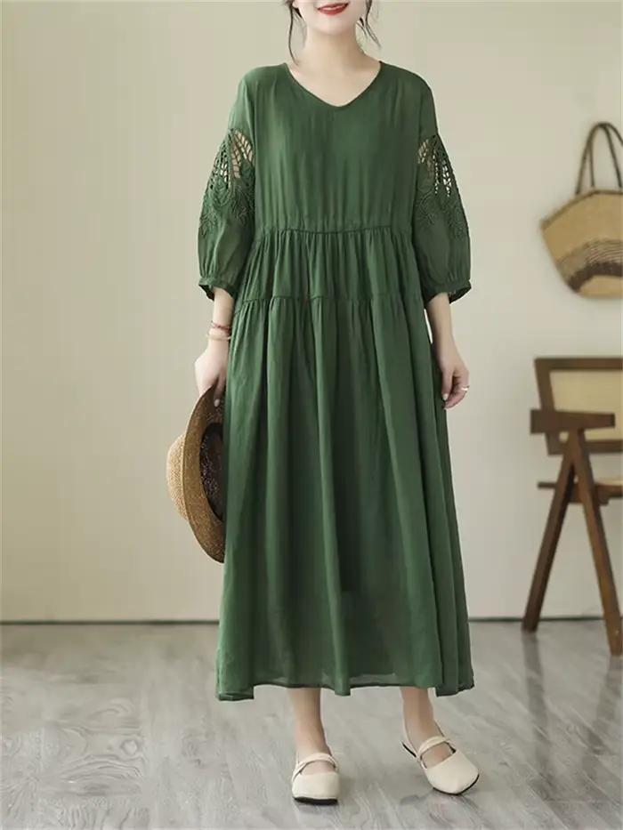 Robes d'été vintage de couleur unie pour femmes 2026 – Robe longue décontractée et respirante, éléga