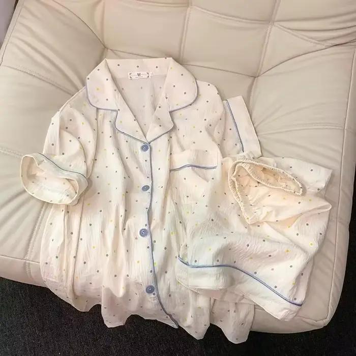 Ensemble pyjama en coton imprimé à pois pour femmes, haut à manches courtes et short, ensemble 2 piè