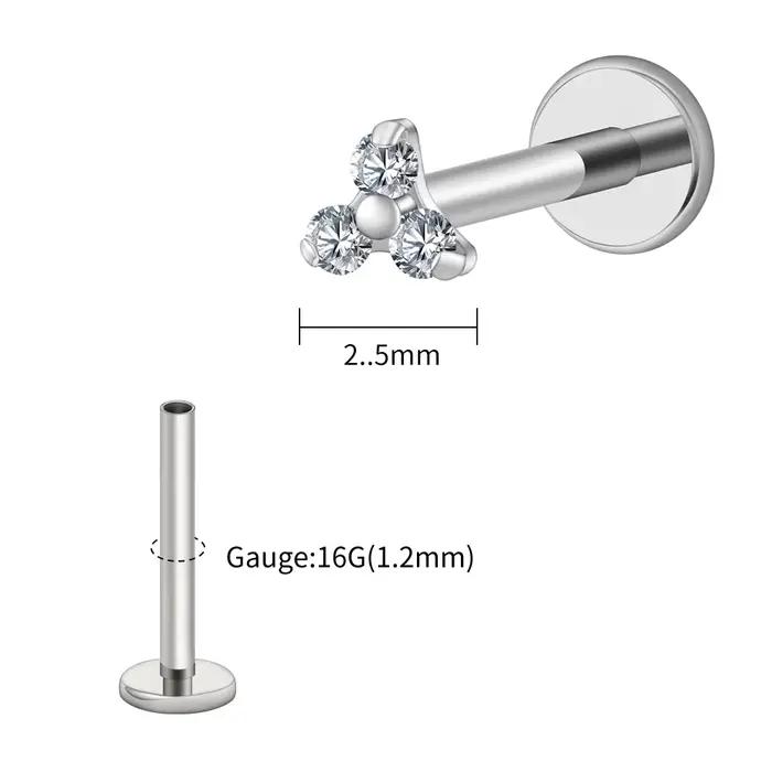 Right Grand Piercing labret en titane ASTM F136, minuscule trinité en zircone cubique, 16 g, 2,5/3,5