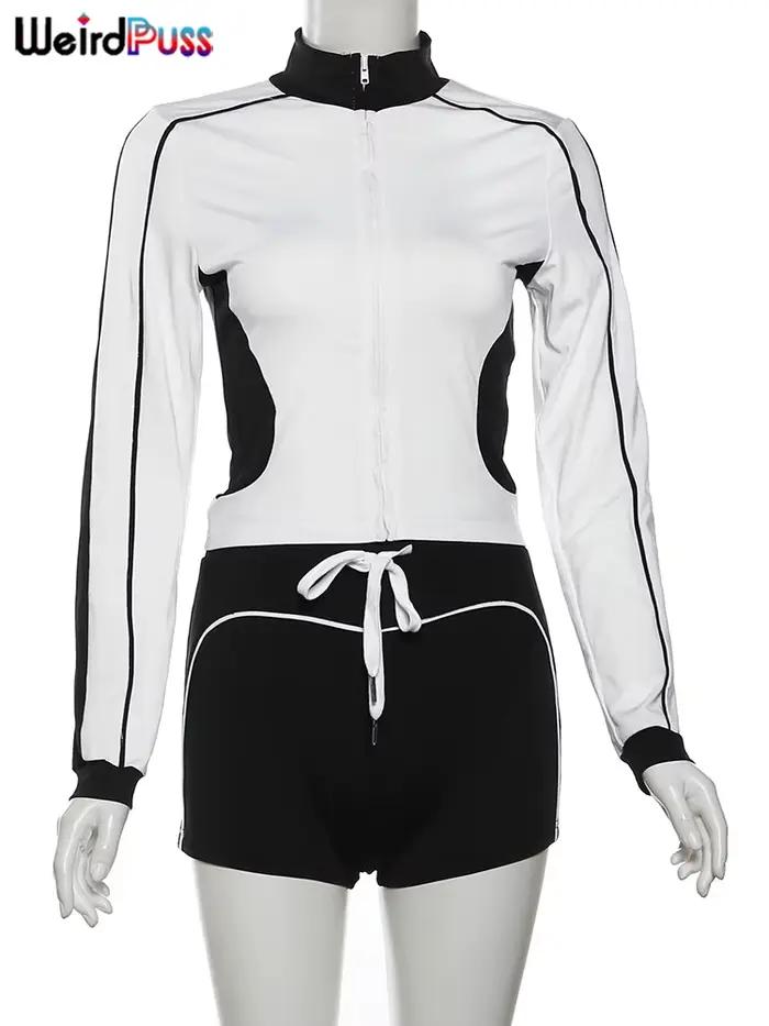 Bizarre Puss décontracté sportif 2 pièces ensemble femmes automne tendance Zip Hipster Patchwork ves