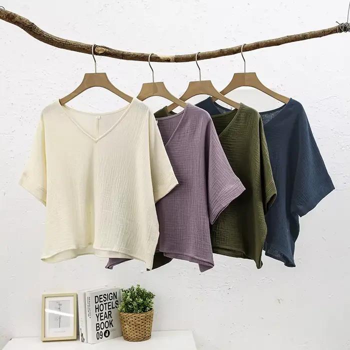 Haut en mousseline de coton chic pour femme, t-shirt sexy, col en V, manches courtes, streetwear déc