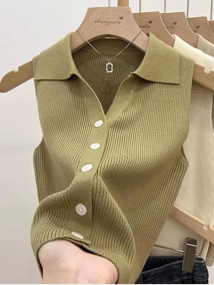 Cardigan tricoté de couleur unie pour femmes, pull coréen sans manches à simple boutonnage, col rond