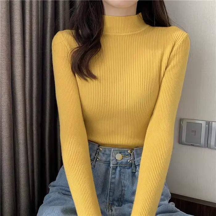 Pull basique en maille côtelée pour femme zjaiss 2026, col montant, doux, élastique, chaud, uni, sli