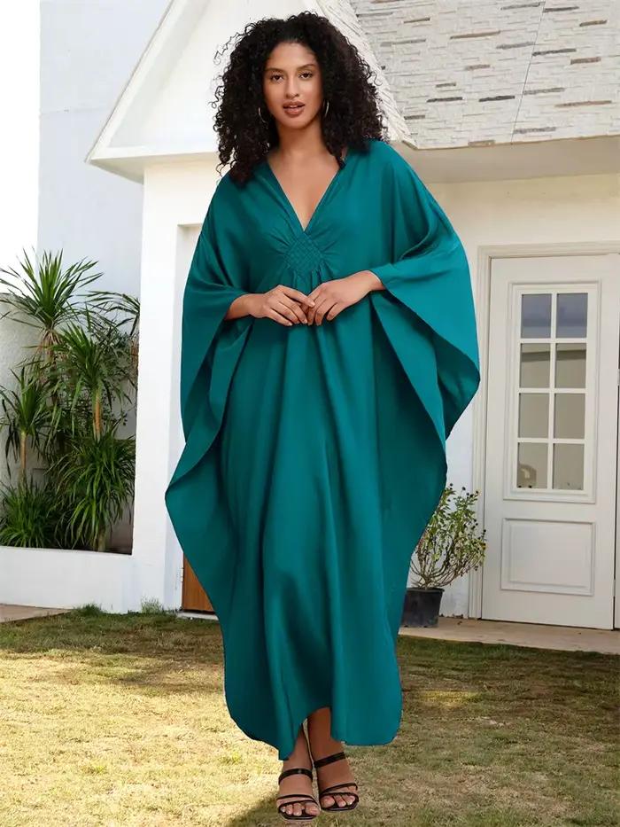 2025 solide col en v manches chauve-souris grande taille robe Maxi ample pour les femmes été plage p