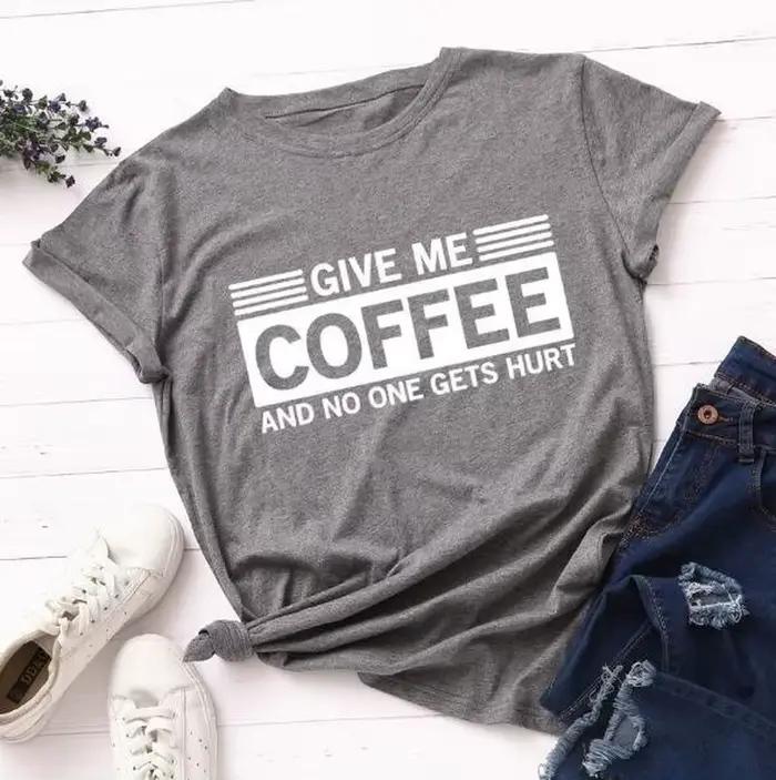 T-shirt manches courtes col rond pour femme, estival et estival, avec lettres imprimées "Give Me Cof