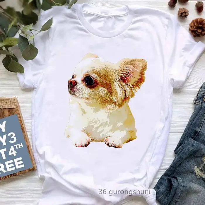 T-Shirt blanc pour Femme, avec un graphique imprimé, Chihuahua, Harajuku, Kawaii