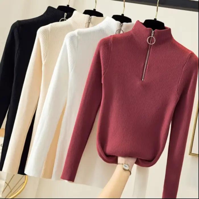 Tricoté femmes fermeture éclair demi col haut Pull pulls automne hiver basique femmes chandails minc