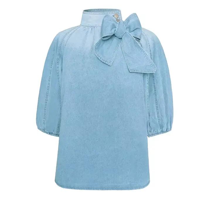 Économie à col roulé à lacets pour femmes, demi-manches bouffantes, t-shirts en denim décontractés,