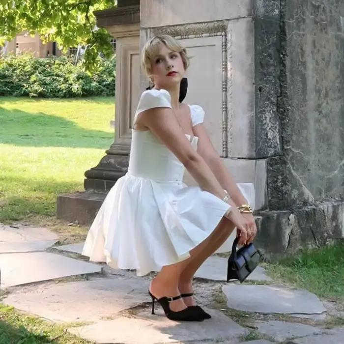 Suninheart – robe de soirée blanche Sexy, col en V, manches Cape, Mini robe décontractée, jupe moell