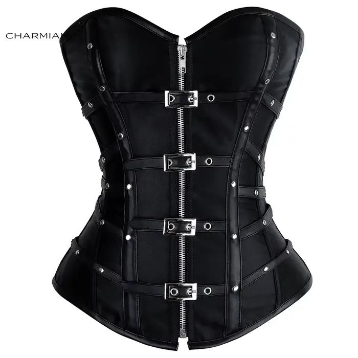 Corset en cuir steampunk Charmian pour femme, sexy, gothique, avec rivets, boucles et fermeture écla