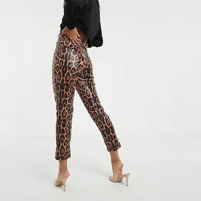 Leggings en similicuir PU imprimé léopard pour femmes, collants extensibles vintage, taille haute, s