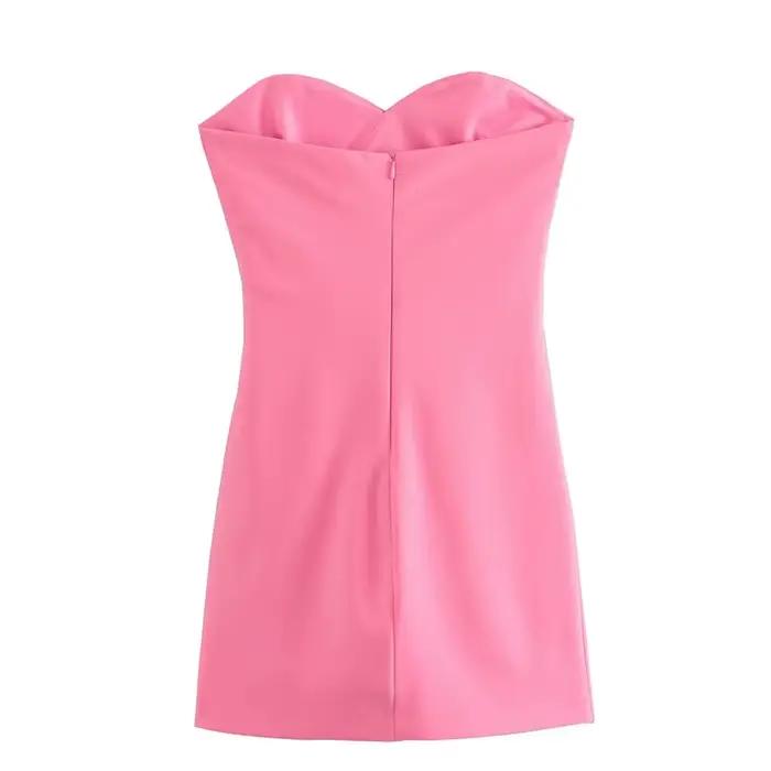 YENKYE nouvelle mode femmes rose froncé robe sans bretelles sans manches dos fermeture éclair femme