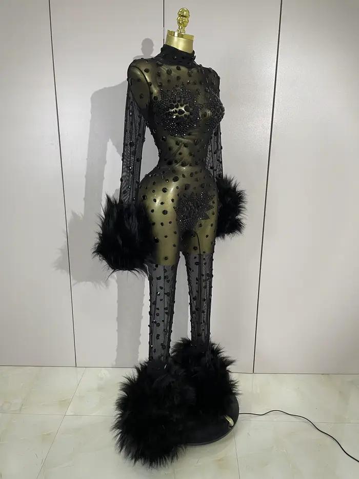 STOCK luxe diamant noir maille Transparent extensible à manches longues combinaison femmes Sexy Perf