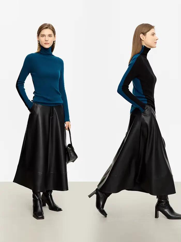 AMII minimaliste col roulé pull femmes 2025 couleur contraste printemps nouveau mince haut tricoté B