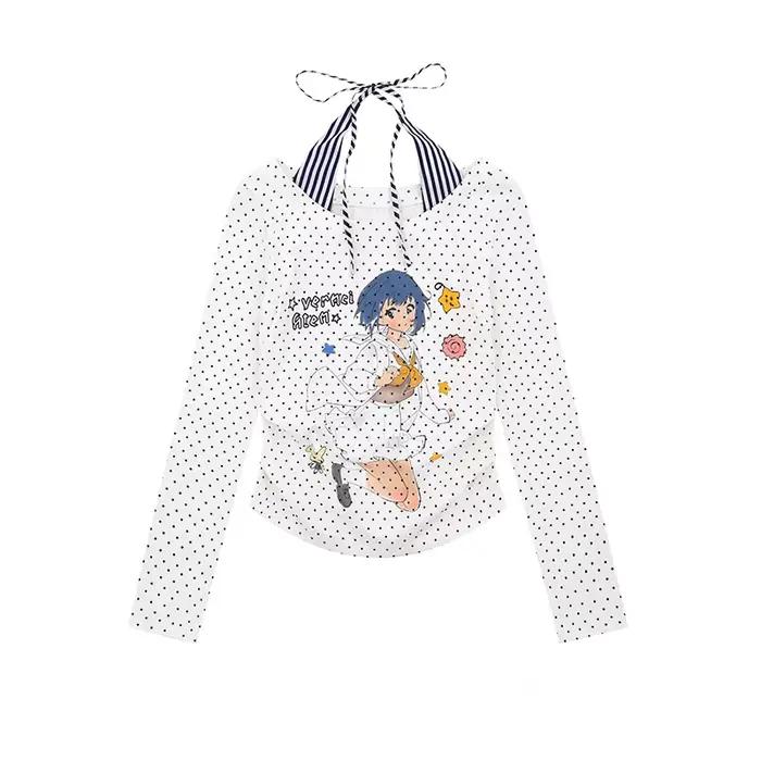 Karrram japonais Y2k Anime imprimé T-shirt 2000s Cutecore épaules nues hauts Vintage Harajuku à manc