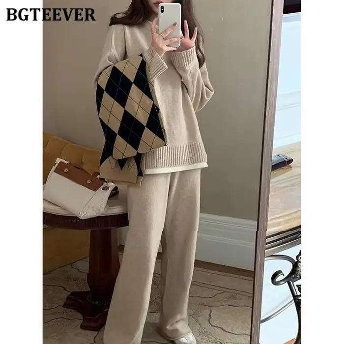 BGTEEVER-Ensemble 2 pièces décontracté pour femme, pulls patchwork, manches longues, jambe large, fj