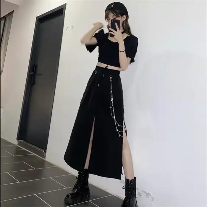 Jupe longue noire de Style coréen pour femmes, avec chaîne, fente latérale, Hip Hop, Streetwear, gra