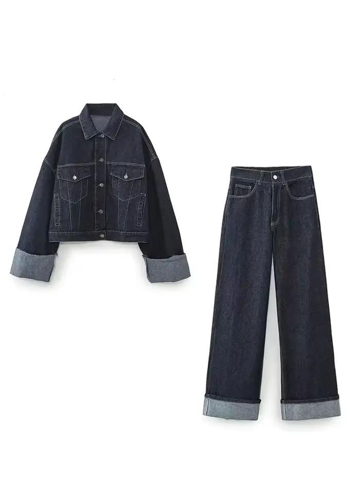 Pantalon en Denim taille haute pour femme, jambes larges + manches longues avec poches à rabat, mant