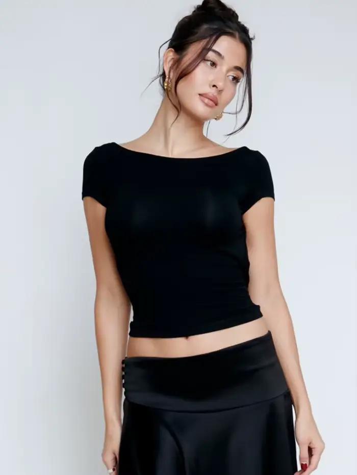 Haut court froncé à manches courtes et col rond pour femme, Streetwear Y2K, T-Shirt décontracté, dos