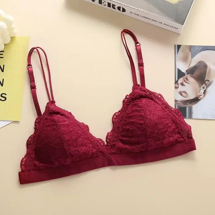 Bralette en dentelle florale à double bretelle et col en V pour femme, bord festonné, soutien-gorge