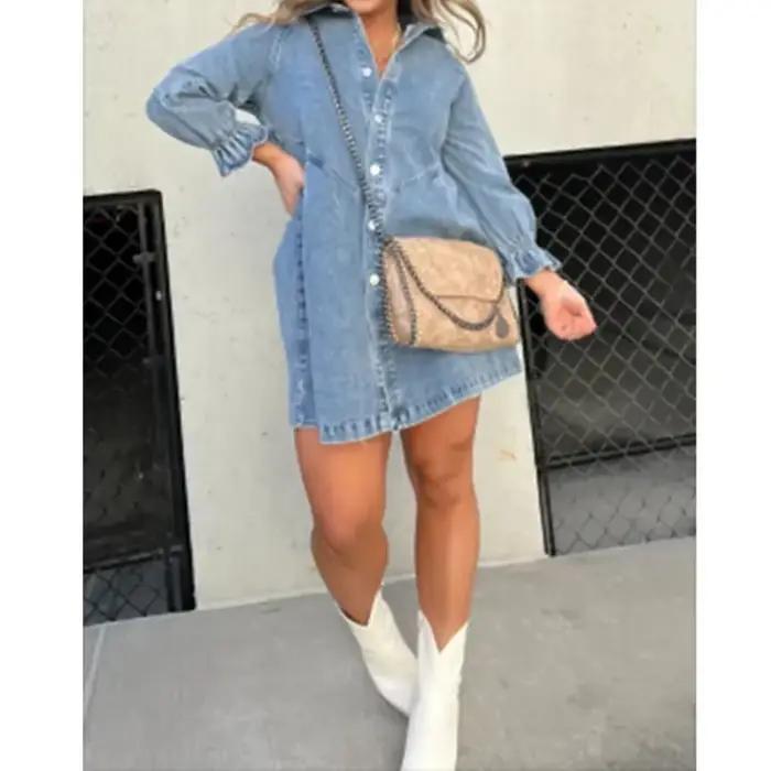 Robe chemise en jean pour femme, col rabattu, manches lanterne, simple boutonnage, ligne A, robe édu
