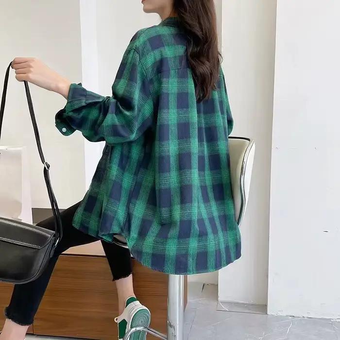 Chemisier style preppy à manches longues pour femme, chemise à carreaux pour fille, chemise surdimen