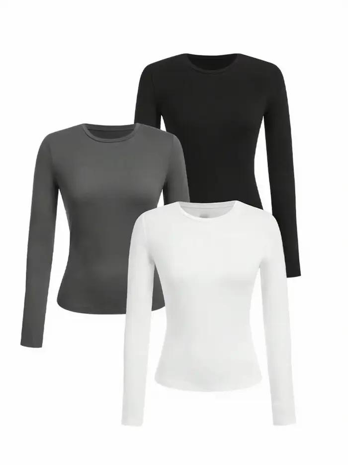 T-shirt femme manches longues couleur unie - Tissu tricoté polyester, col rond, coupe régulière, sty