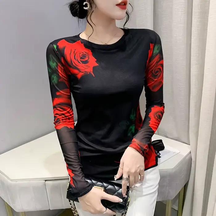 Taille S-3XL filles impression fixe maille T-Shirts T-Shirts femme manches longues col rond extensib