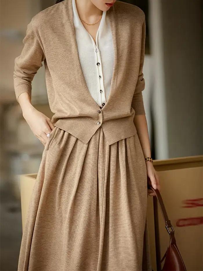 BirdTree-2024 femme nouveau dans les ensembles assortis, 32.4% laine de mouton, faux cardigan 2 pièc