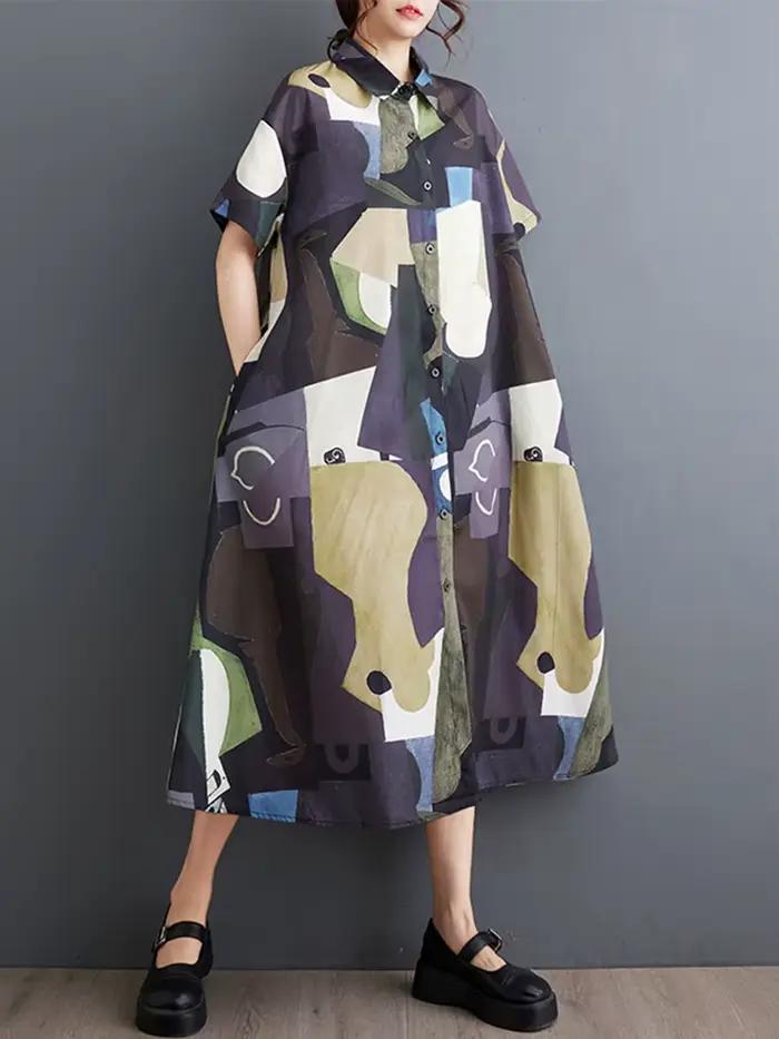Nouvelles Robes Chemises Imprimées Vintage Été 2026 pour Femmes – Robe Midi Décontractée Ample à Man