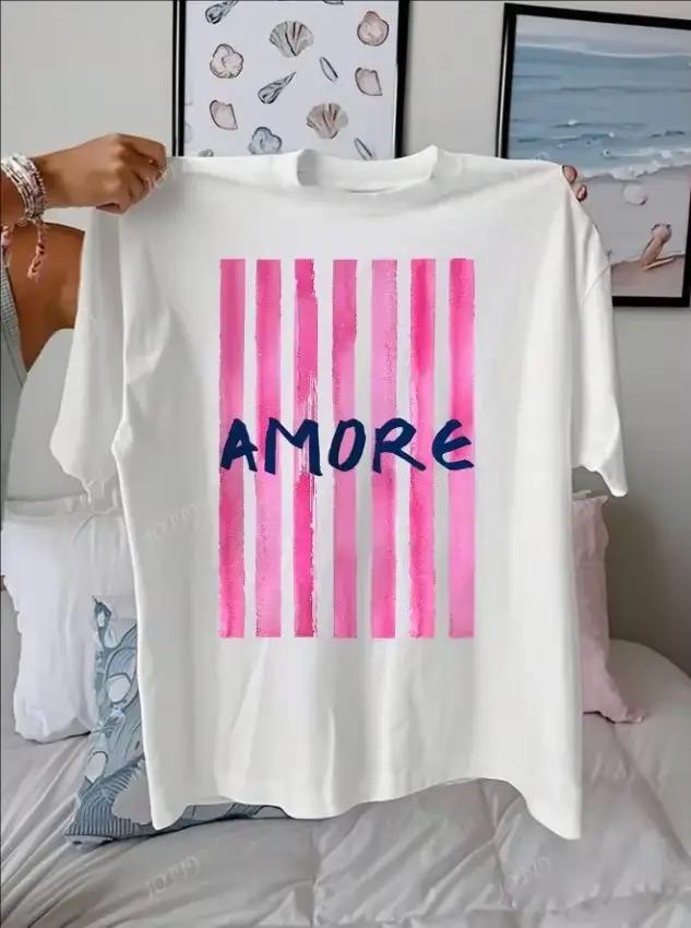 AMORE rayé motif artistique tenues d'été femmes décontracté col rond manches courtes femme t-shirts