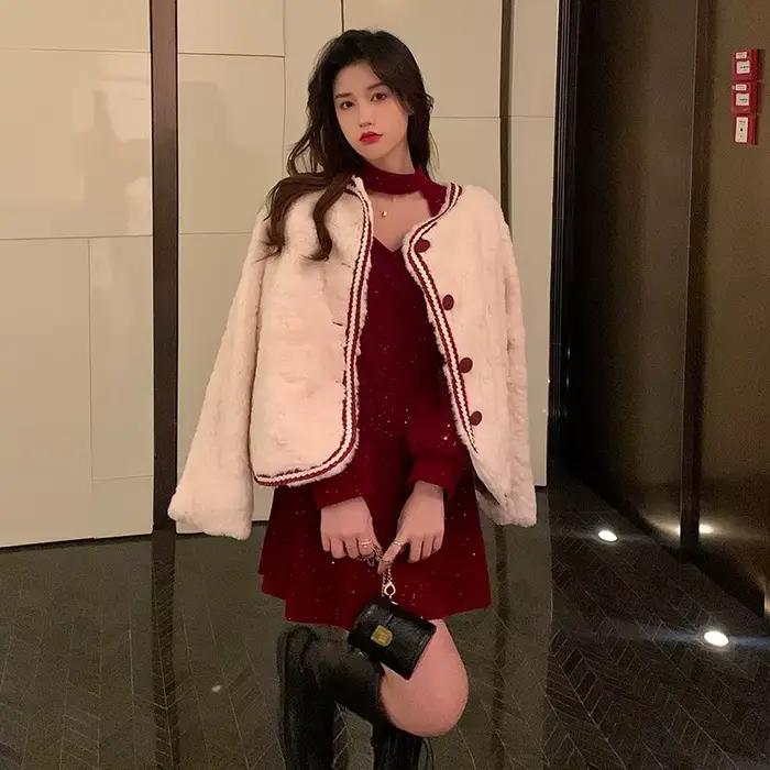 Robe de soirée élégante en velours rouge pour femme, mini robes pour femme, Noël, français, vintage,