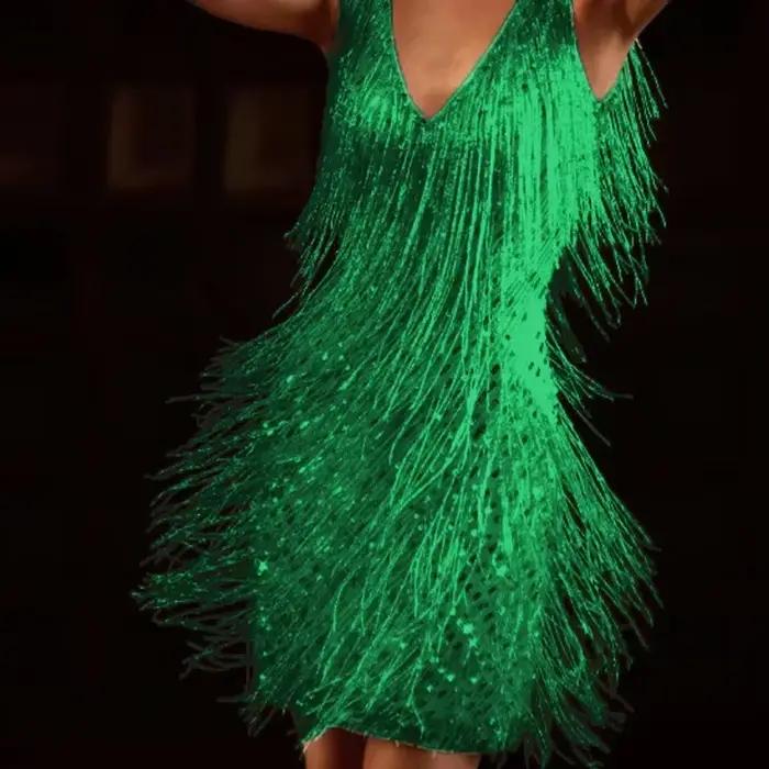 Mini robe à col en V profond pour femme, glands à dos ouvert, paillettes blanches, boîte de nuit, ve