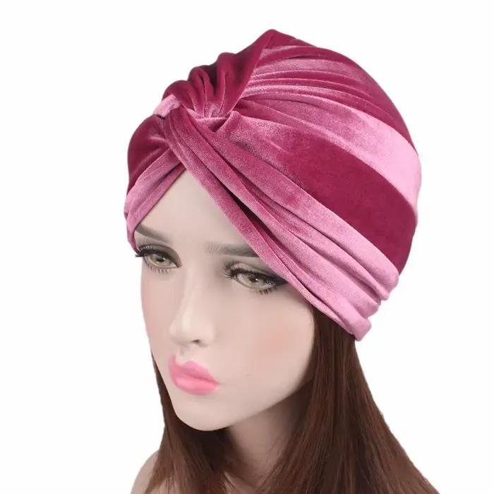 Bonnet turban extensible en velours doux pour femmes, chapeau musulman chaud, casquettes Hijab crois