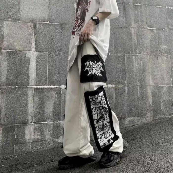 Pantalon cargo gothique punk pour femme, pantalon Anime Patch, taille haute, noir, fjcasual, Harajuk