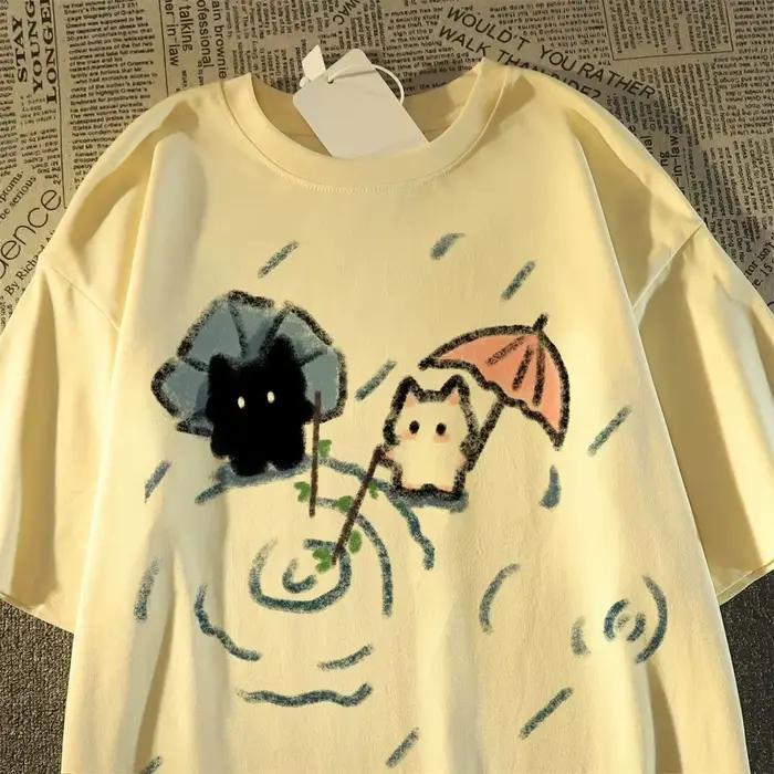 T-shirt à manches courtes avec un joli motif de chat japonais noir et blanc, haut d'été à manches co