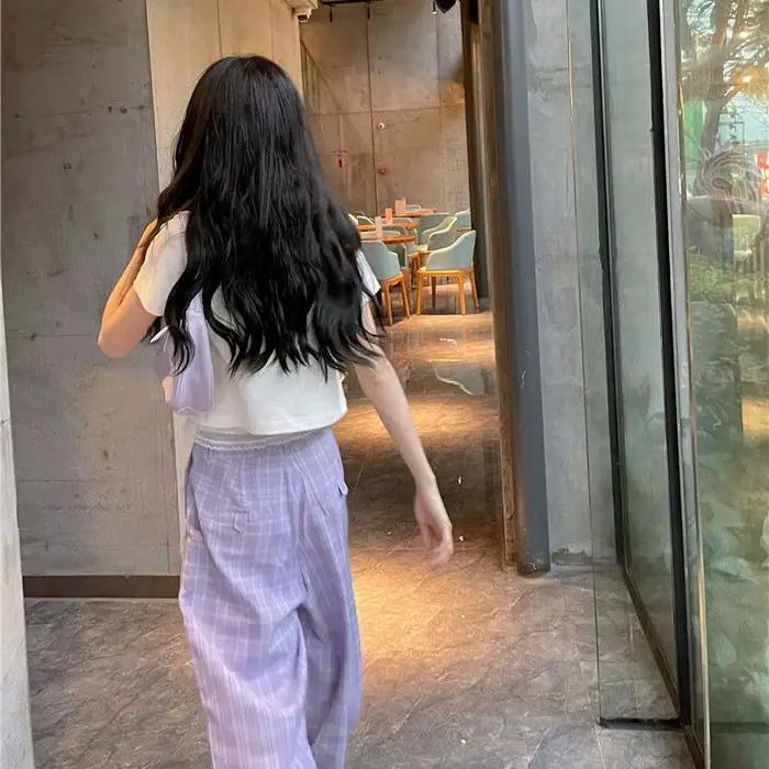 Ensemble haut court à manches courtes pour femmes, pantalon à carreaux adt, streetwear chic de loisi