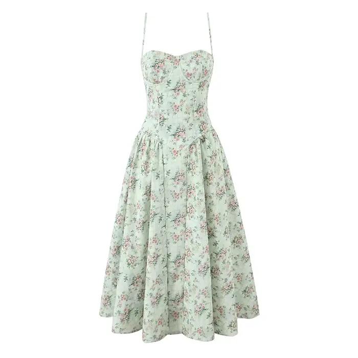 YENKYE vert imprimé fleuri Sexy bretelles Spaghetti Robe femmes taille basse a-ligne Midi vacances r