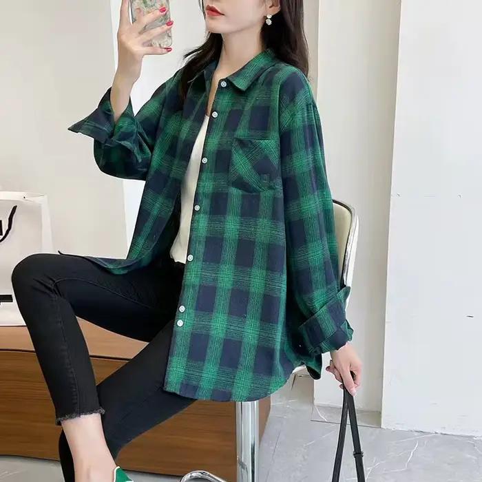 Chemisier style preppy à manches longues pour femme, chemise à carreaux pour fille, chemise surdimen