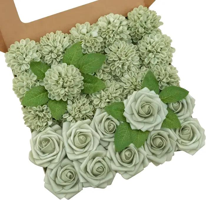 Roses vertes sauge et fleurs de Dahlia, 25 pièces, pour la décoration de la maison, cérémonie de rem