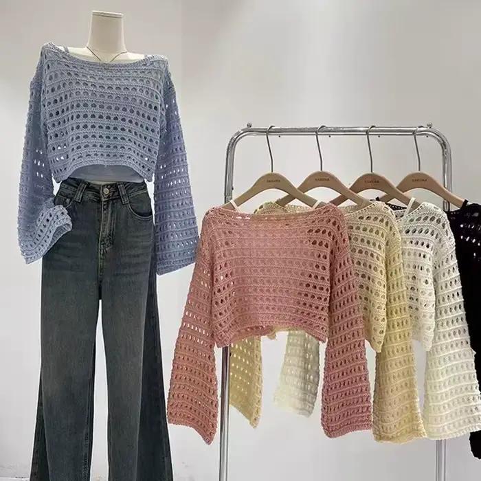 Haut en tricot au Crochet à manches longues pour femmes, Cover-Up pour Bikini de plage, pull court e