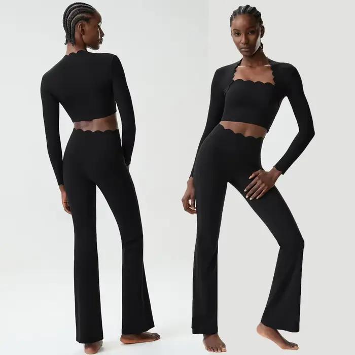 Ensemble de yoga fitness deux pièces pour femmes, couleur unie, manches longues, vêtements de sport