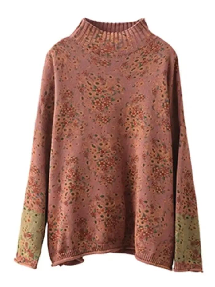 Amax luluE 2024 hiver mode col roulé chandails femmes classique lâche pulls floraux femmes Vintage l