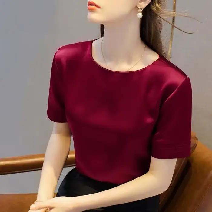 Acétate Satin t-shirts pour femmes de haute qualité dames décontracté élégant soie satin blouse été