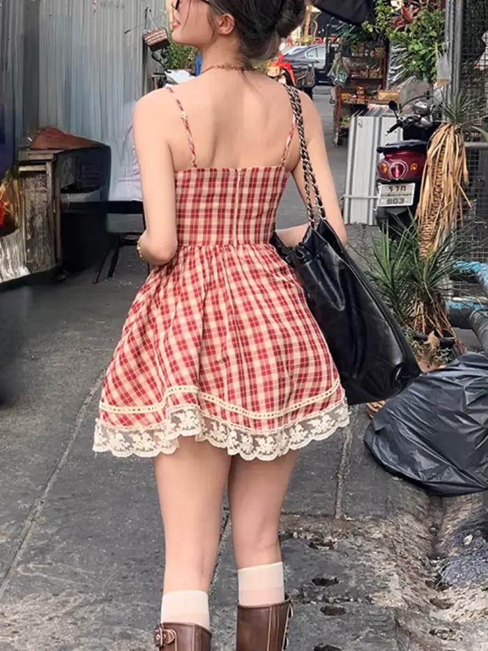 Mini robe d'été à carreaux pour femmes, bretelles spaghetti, nœud Kawaii, dentelle, dos nu, style fr