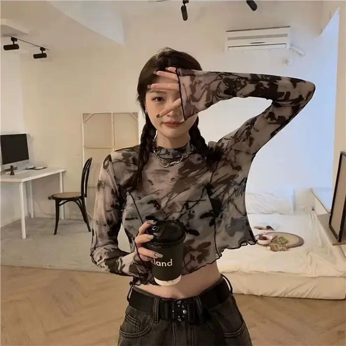 T-shirts à manches longues femmes cravate-teinture imprimé été résistant au soleil hauts courts mode
