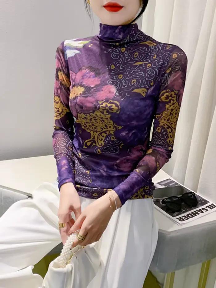 S-4XL femmes automne et hiver à manches longues maille T-shirt femmes positionnement impression fleu