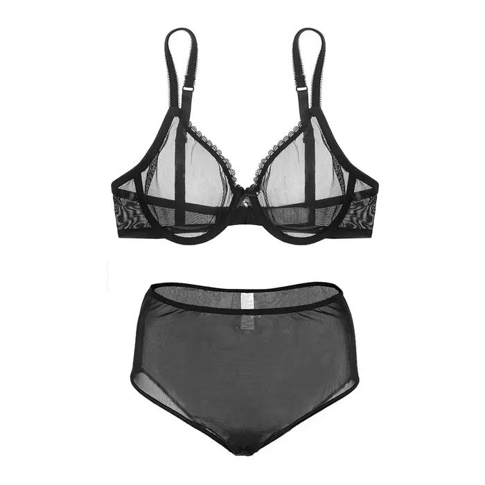 Varsbaby Ensemble de lingerie sexy transparente, soutien-gorge en fil, culotte taille haute transpar