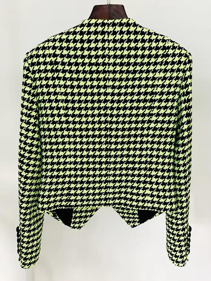 HIGH STREET Nouveauté 2026 Veste en tweed pied-de-poule perlée avec logo boutons lion, de créateur p