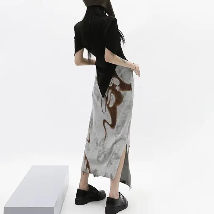 Karrcat-Jupe Mi-Longue Imprimée Grunge Irrégulière, Vintage Japonais, Harajuku, E-girl, Fente Latéra
